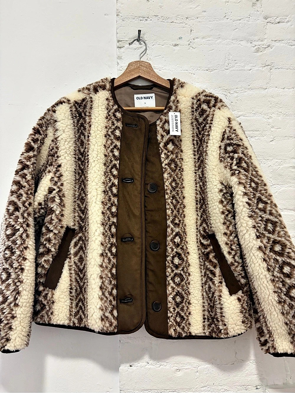 Old Navy Button-Front Teddy Jacket Brown & Cream